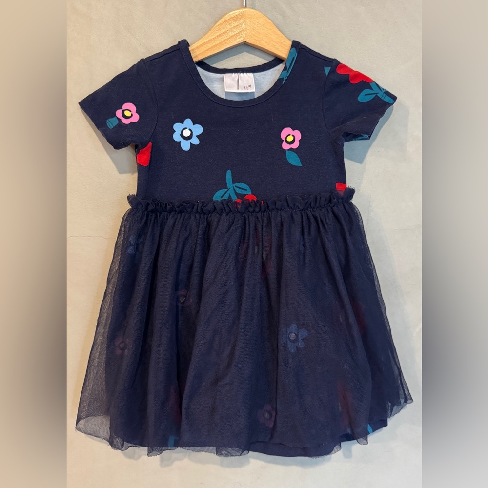 Hanna Andersson soft Tulle Overlay Navy Blue Floral Dress 2T 85cm short sleeve